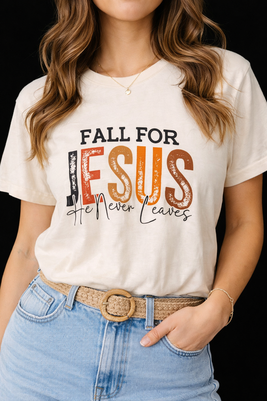 Fall for Jesus – He Never Leaves Graphic Tee
