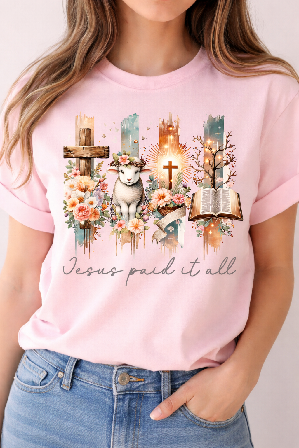 Jesus Paid It All Christian Floral Cross T-Shirt