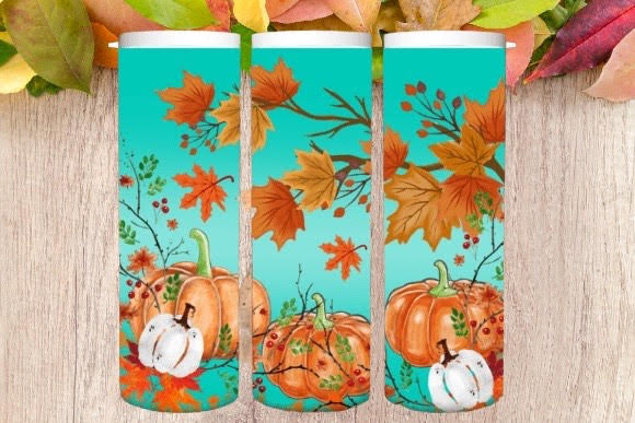 PUMPKIN FALL LEAVES TEAL TUMBLER